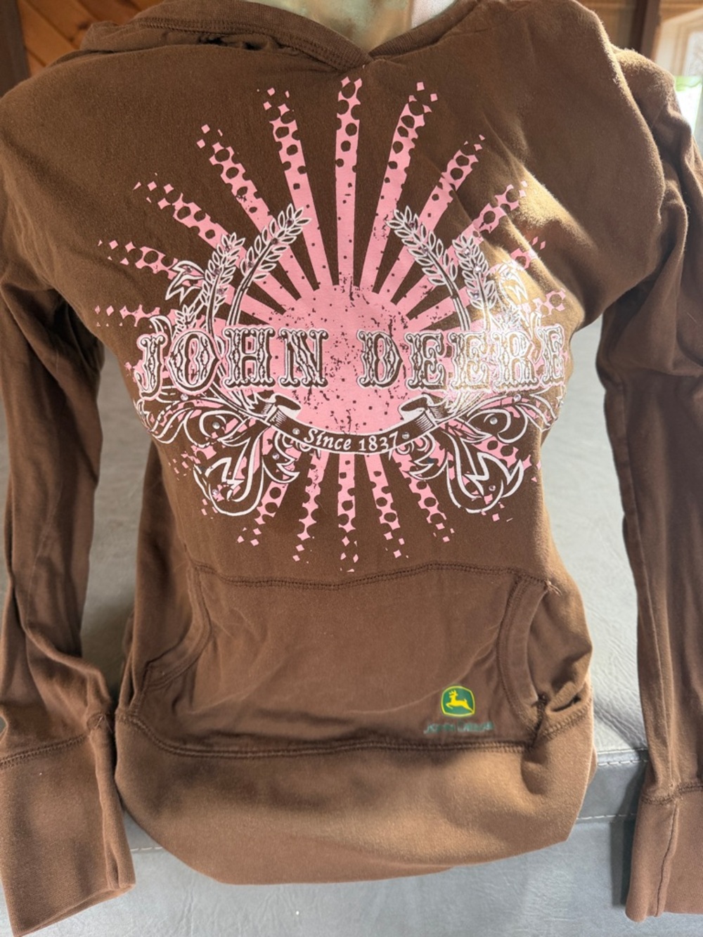 John Deere Brown Hoodie with Pink Sunburst Graphic